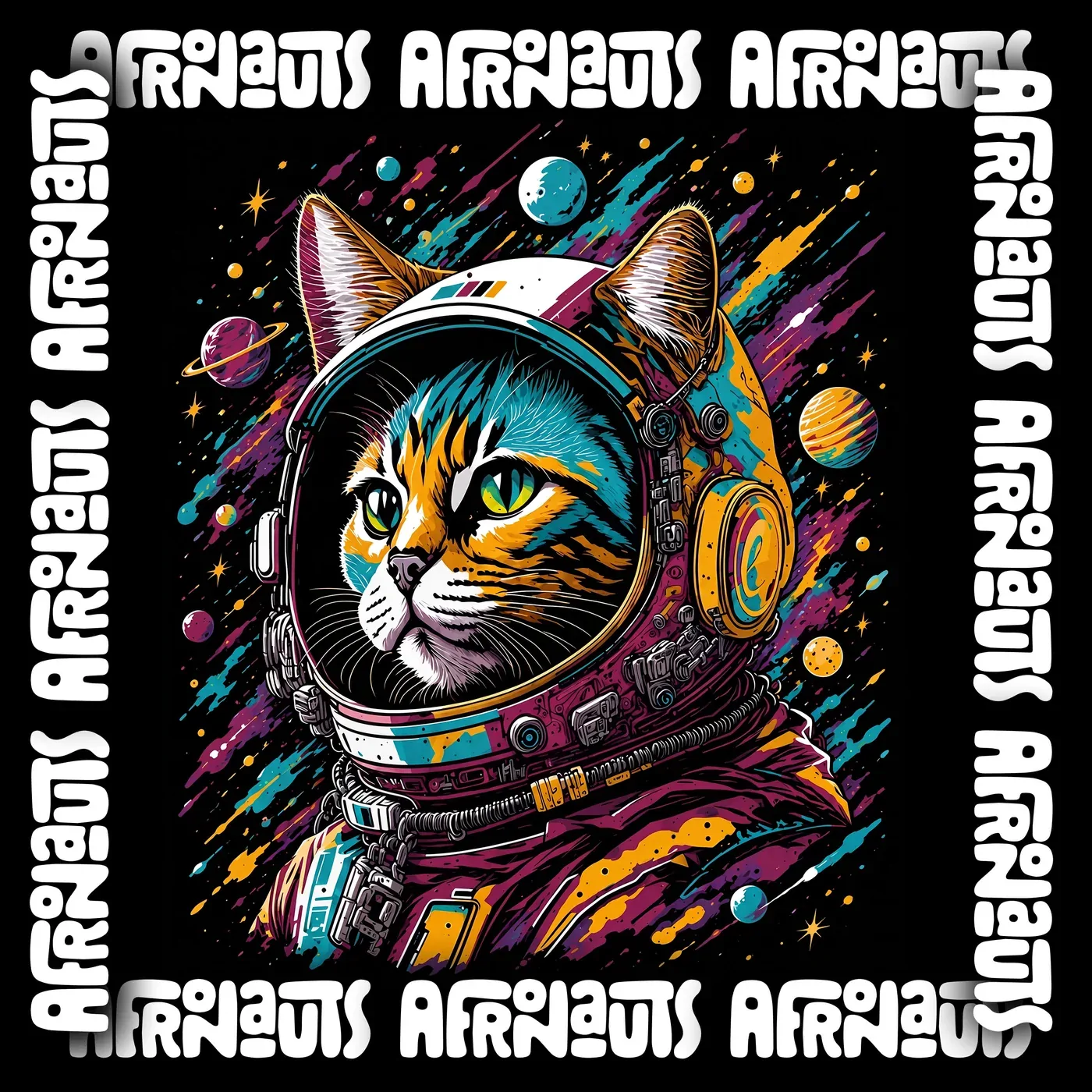 Illustration of the Afronauts narrator: a cat astronaut among planets and stars, framed by the repeated Afronauts wordmark.