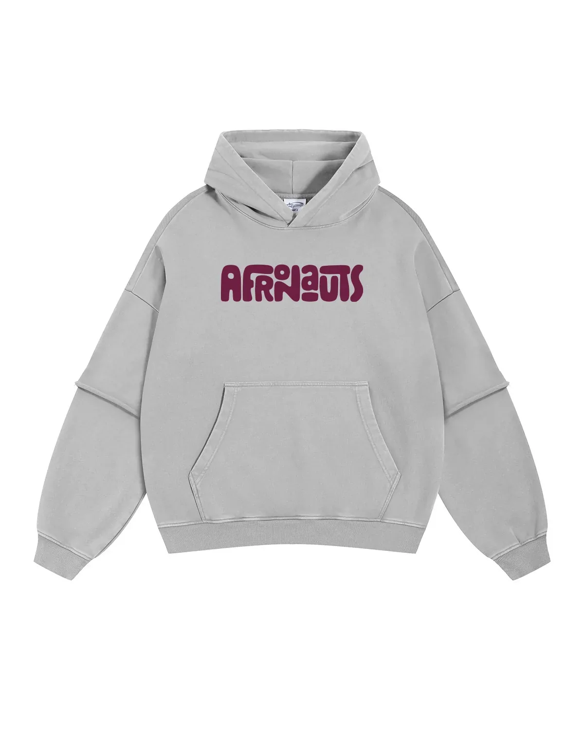 Afronauts Layered Hoodie in light grey, front view, with the plum Afronauts wordmark on the chest.