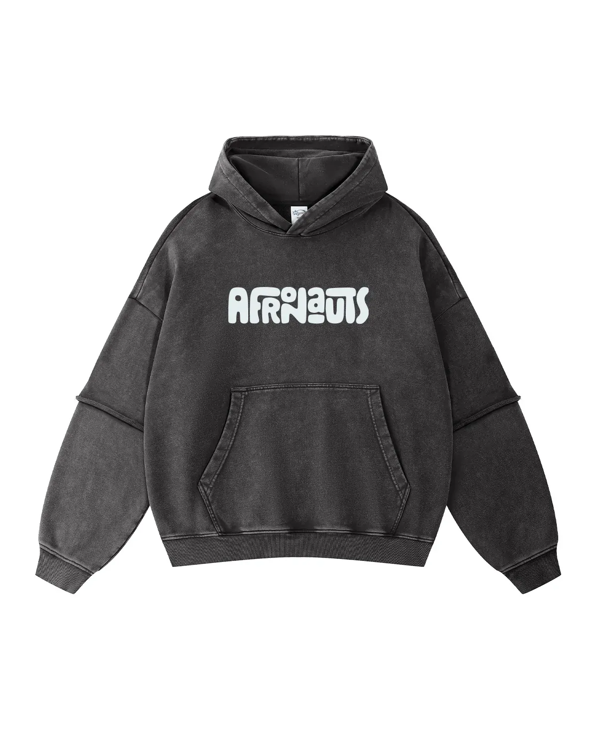 Afronauts Layered Hoodie in washed charcoal, front view, with the white Afronauts wordmark on the chest.