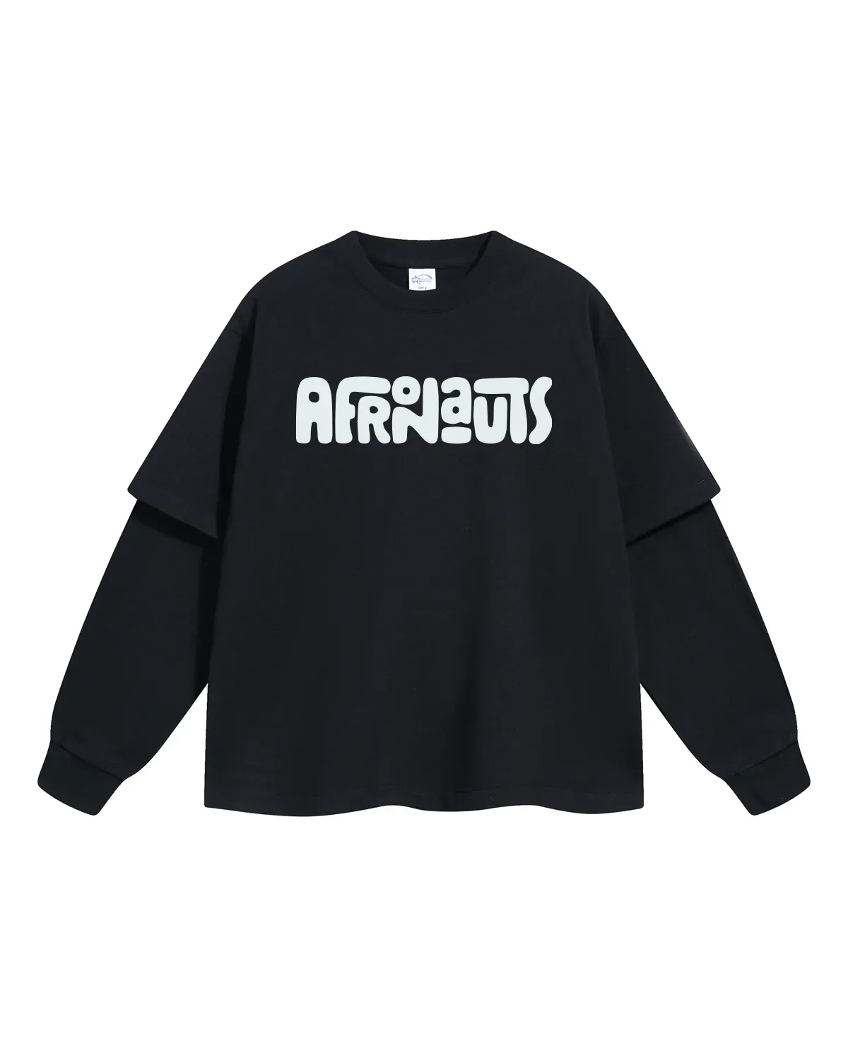 Afronauts Layered Long-Sleeve Tee in black, front view, with the white Afronauts wordmark.
