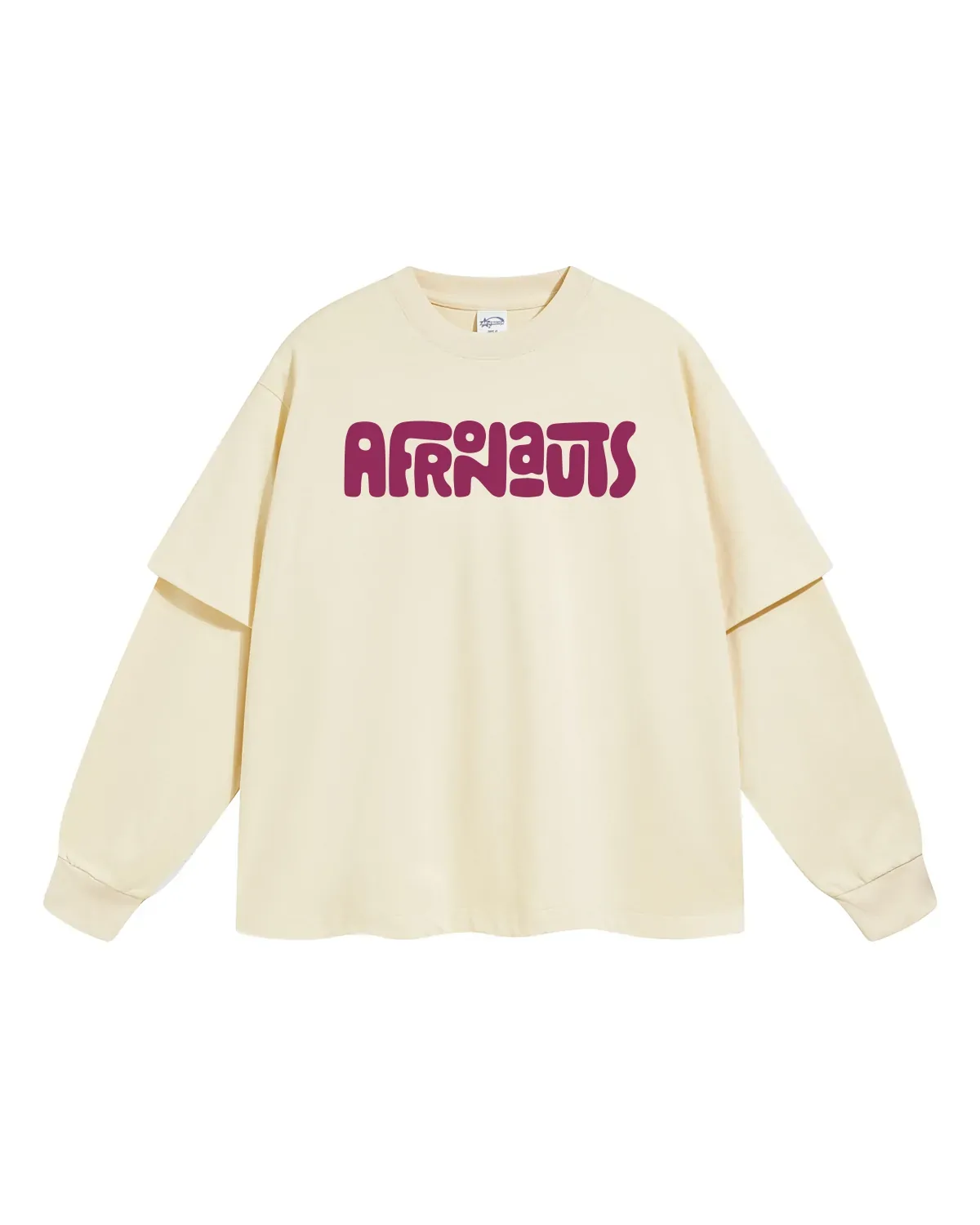 Afronauts Layered Long-Sleeve Tee in cream, front view, with the plum Afronauts wordmark.