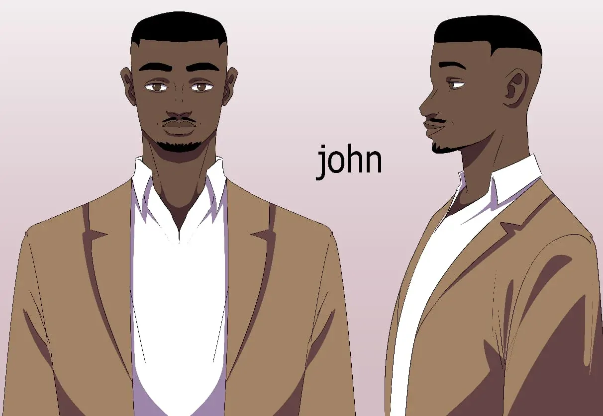 Final character design for John in a tan blazer and white shirt, front and side views.