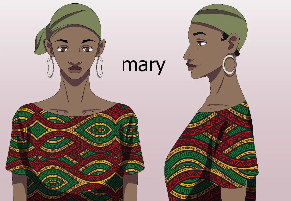 Final character design for Mary in an olive headwrap and patterned top, front and side views.