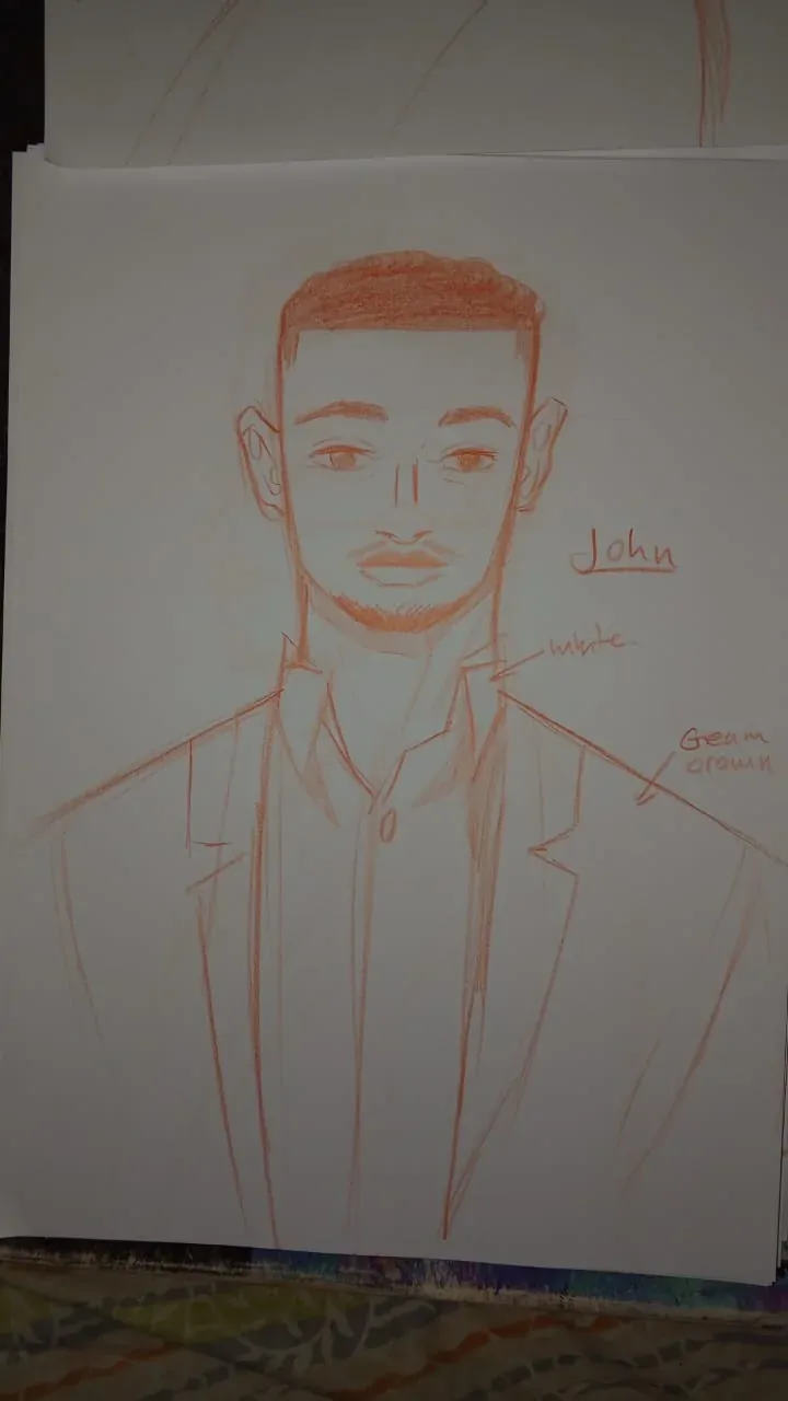 Pencil sketch of John, front view, on paper.