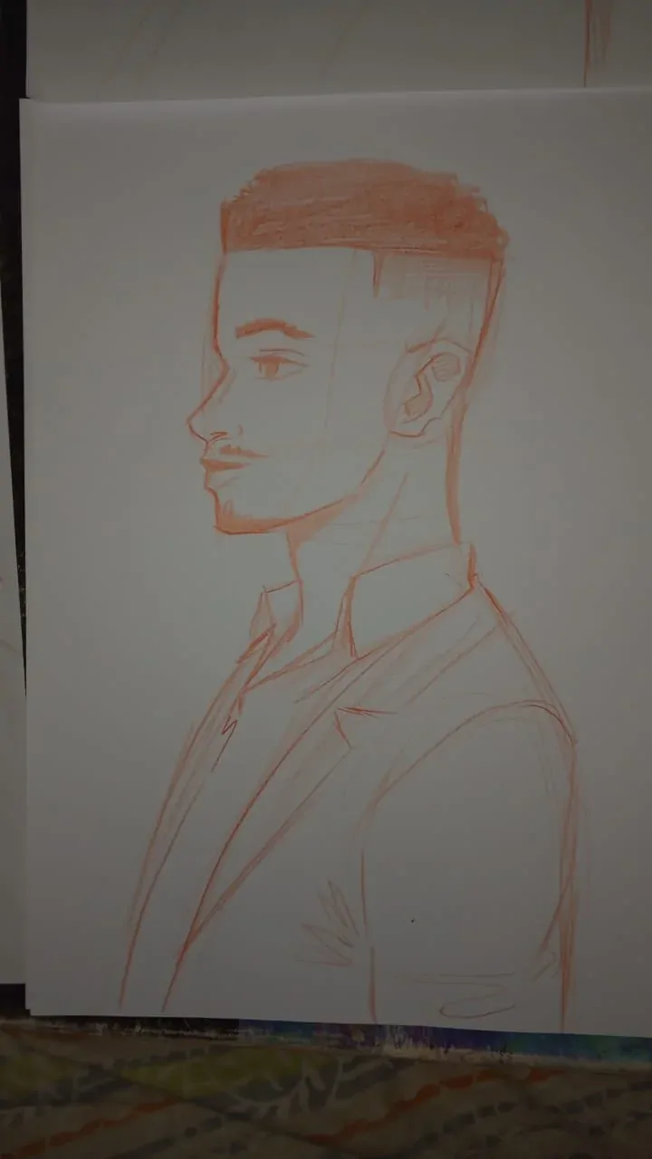 Pencil sketch of John in profile, on paper.