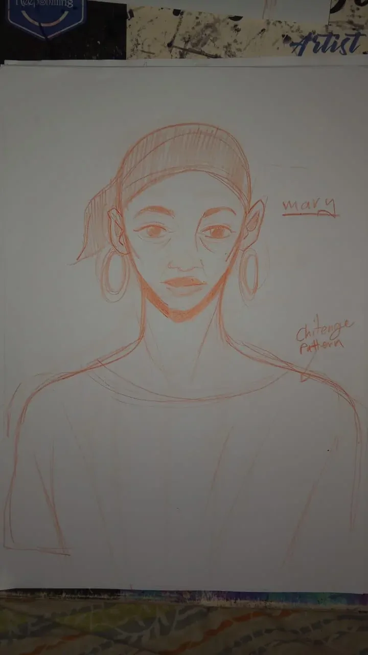Pencil sketch of Mary in a headwrap with hoop earrings, front view.