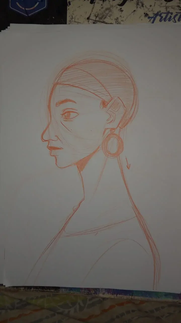 Pencil sketch of Mary in profile, on paper.
