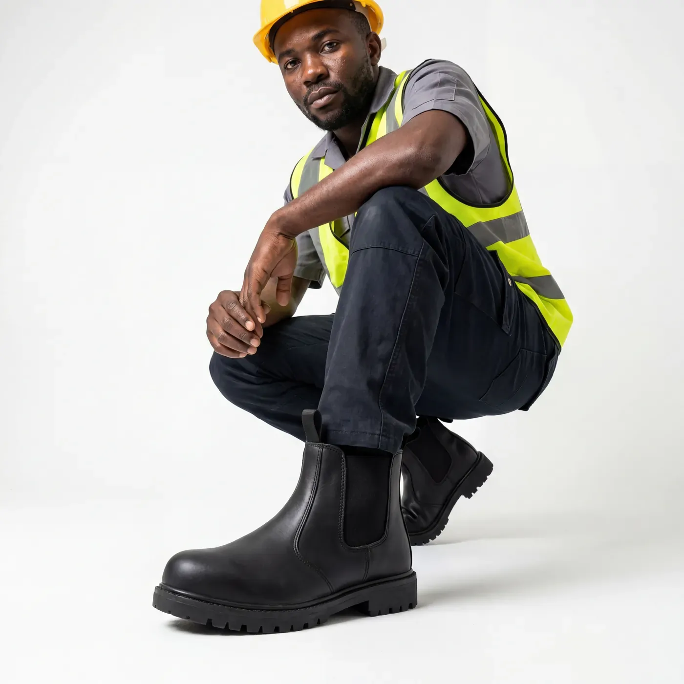 Concept image: a construction worker crouching in black safety boots.