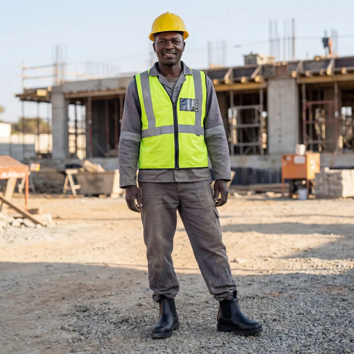 Concept image: a construction worker in a hard hat and safety boots on a building site.