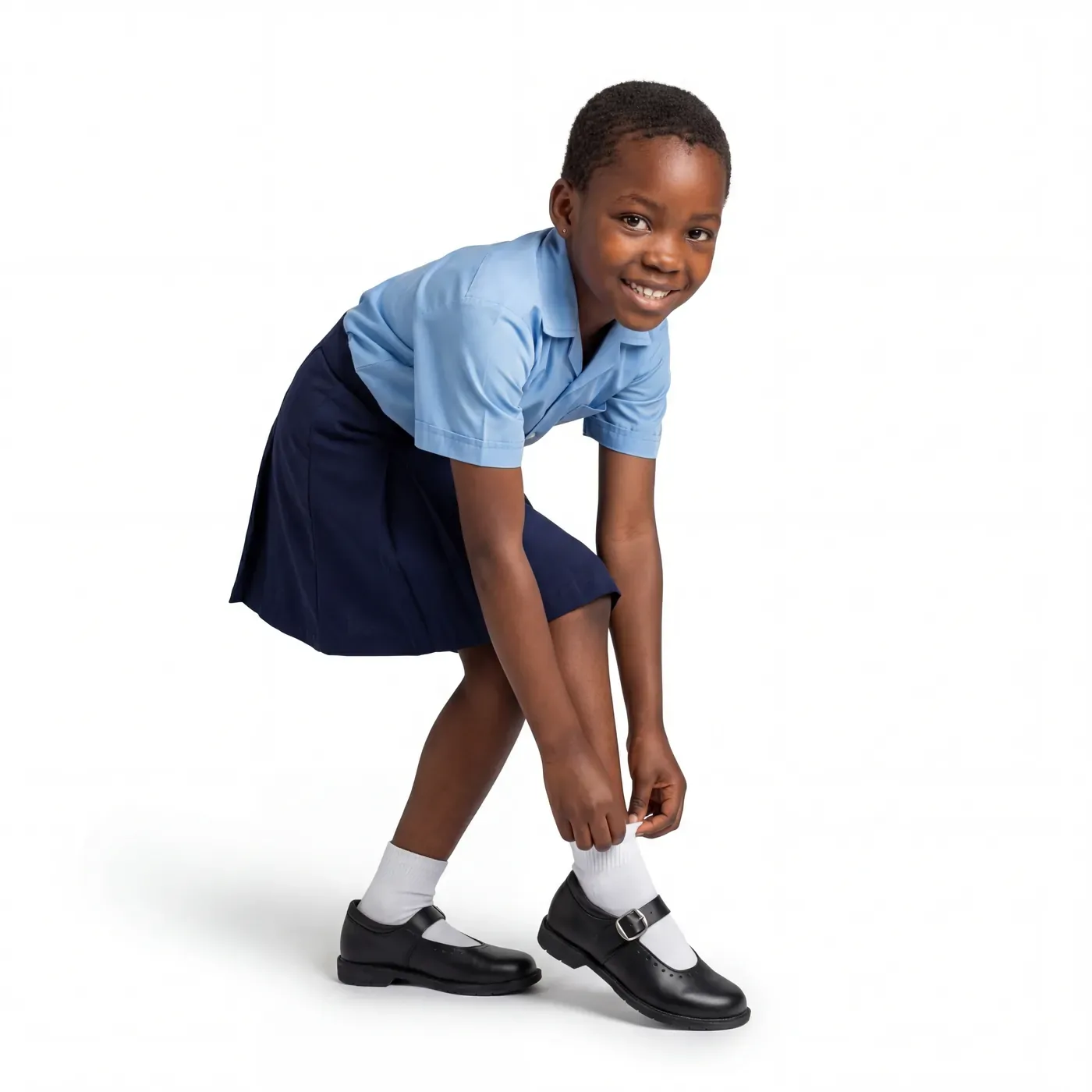Concept image: a schoolgirl fastening black school shoes.
