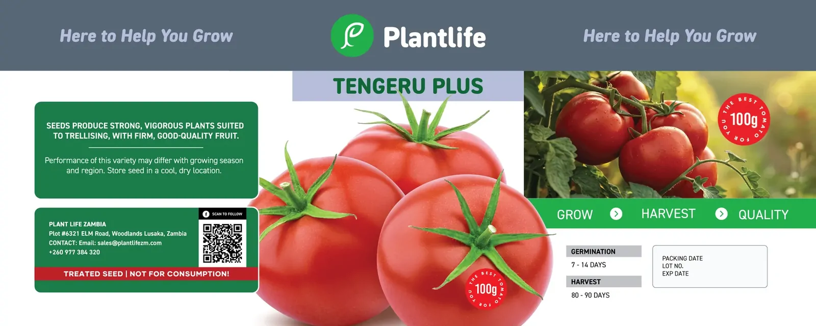 Flat label artwork for the Plantlife Tengeru Plus 100g tin, with growing information, a QR code and tomato photography.