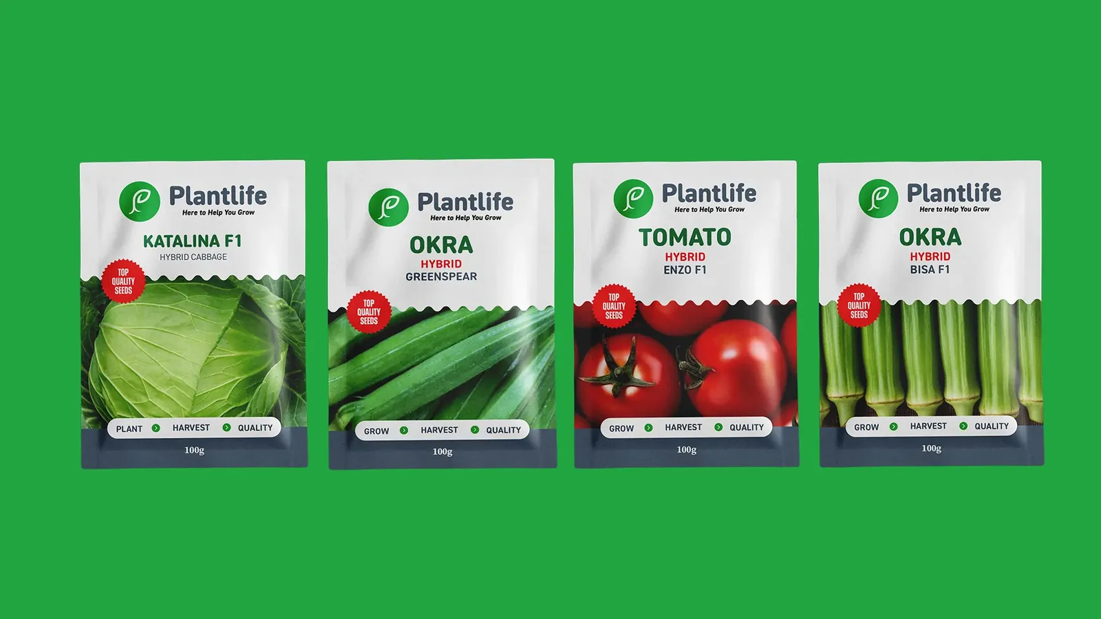 Four Plantlife seed packs on green: Katalina F1 cabbage, two okra varieties and Tomato Hybrid Enzo F1.