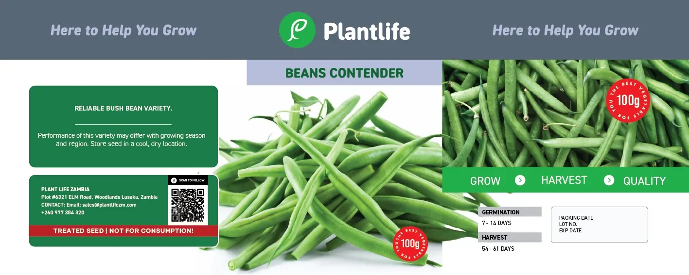 Plantlife 100g tin label for Beans Contender.