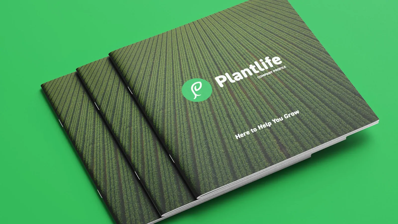 Plantlife company profile booklets with a green crop-row cover.