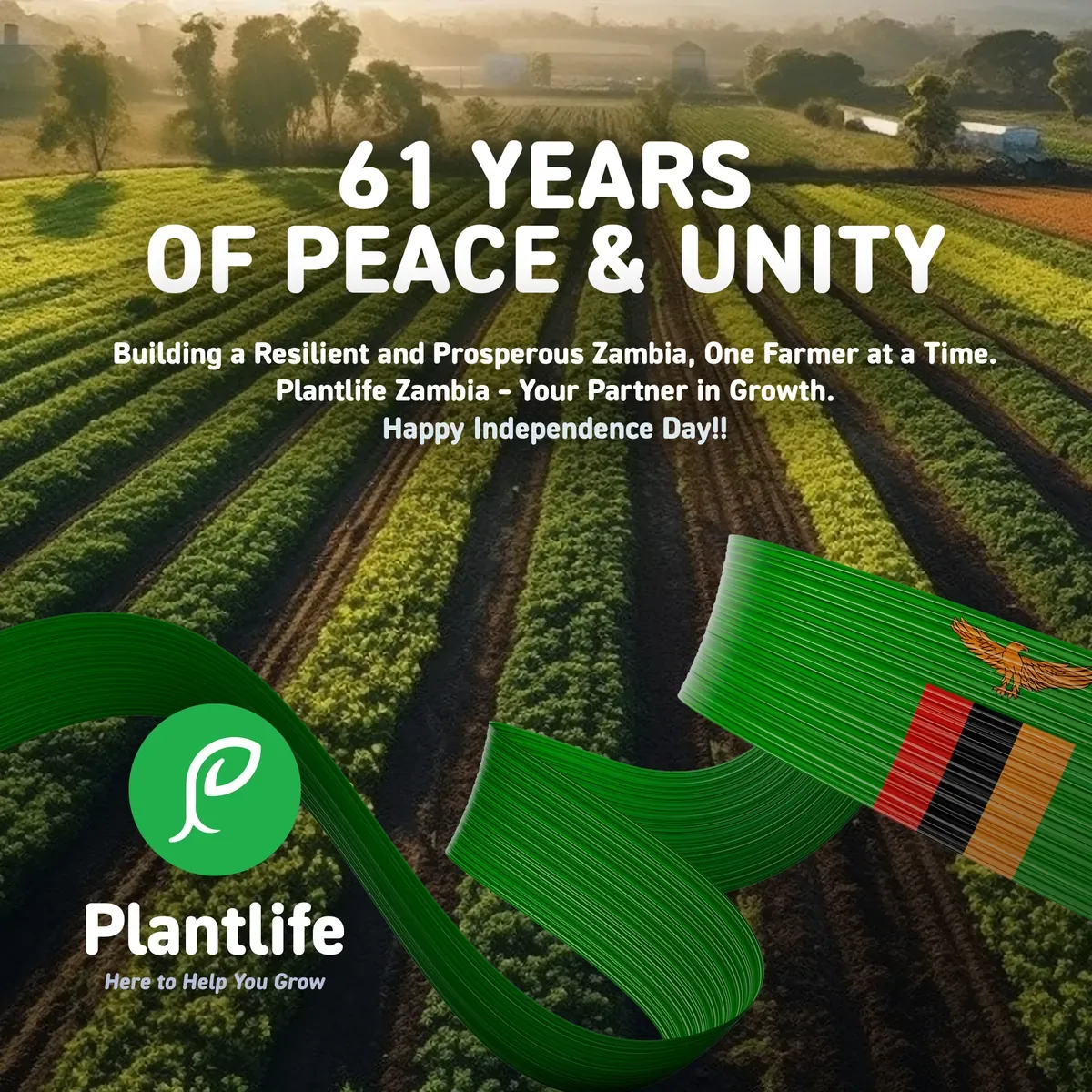 Plantlife Independence Day post marking 61 years of peace and unity over farmland and the Zambian flag.