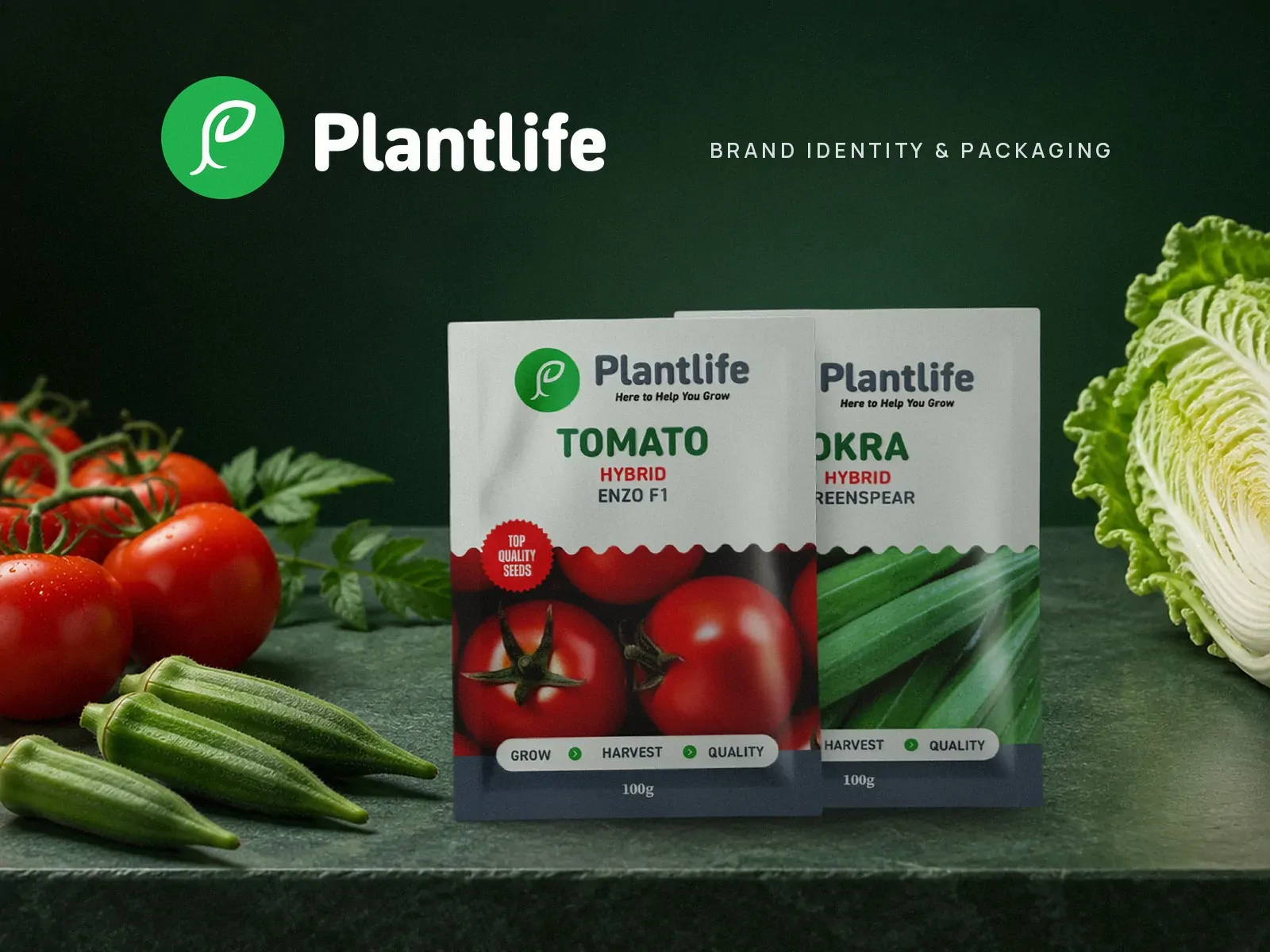 Plantlife Tomato Hybrid Enzo F1 and Okra seed packs between fresh okra and cabbage, with the Plantlife logo.