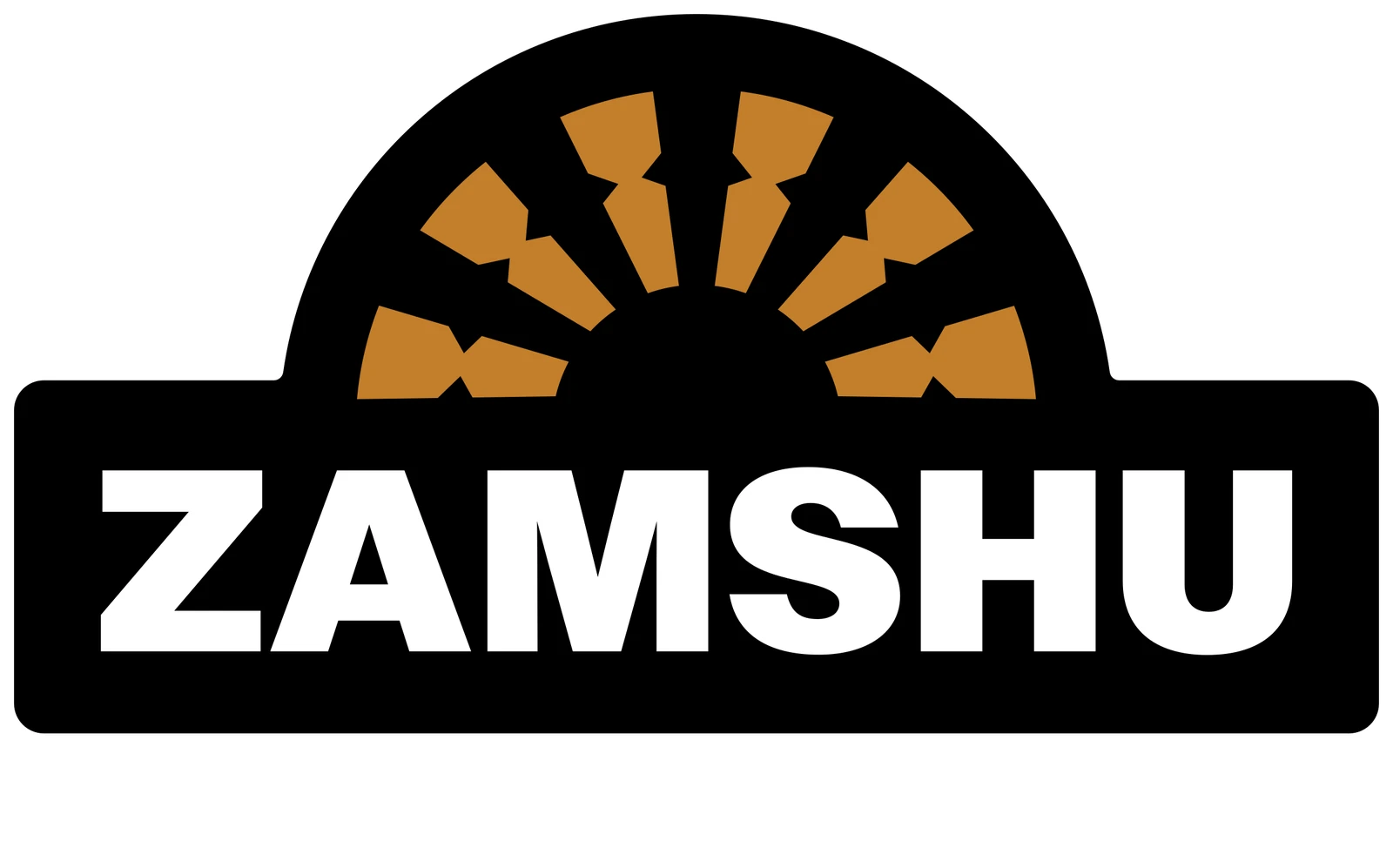 Reversed ZAMSHU logo with a white keyline around the holding device, for dark backgrounds.