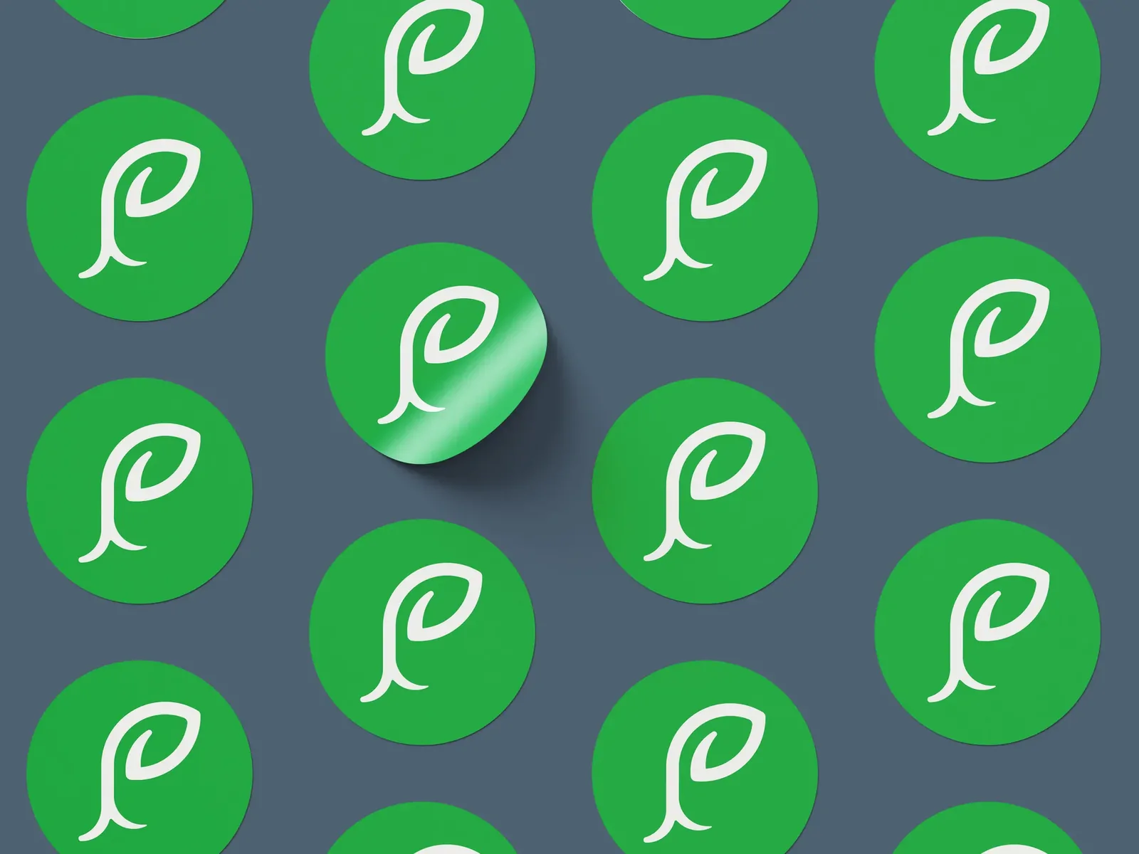 Round green Plantlife leaf stickers on a slate background.