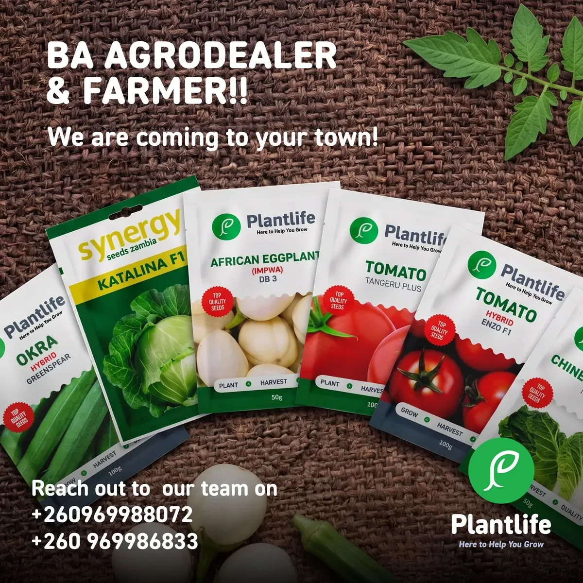 Social post announcing a Plantlife tour for agro-dealers and farmers, with a fan of seed packs.