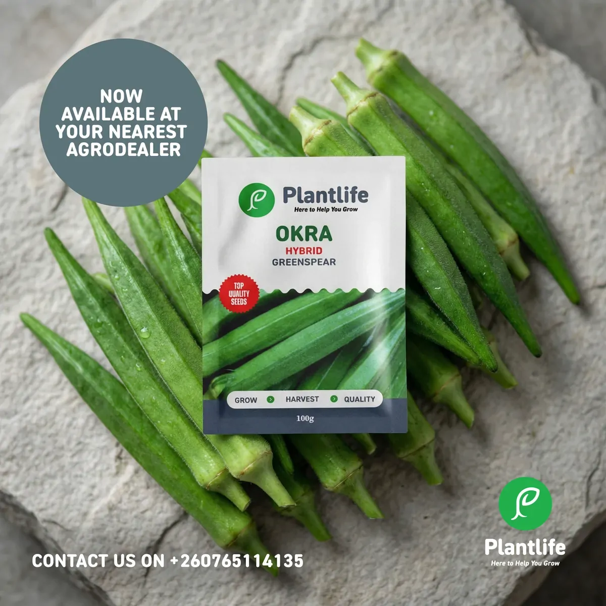 Social post for Greenspear okra seed, now available at agro-dealers, with fresh okra pods.