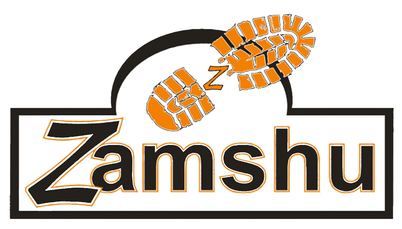 The former ZAMSHU logo: an orange shoe-sole print above a black script Zamshu wordmark in an outlined box.