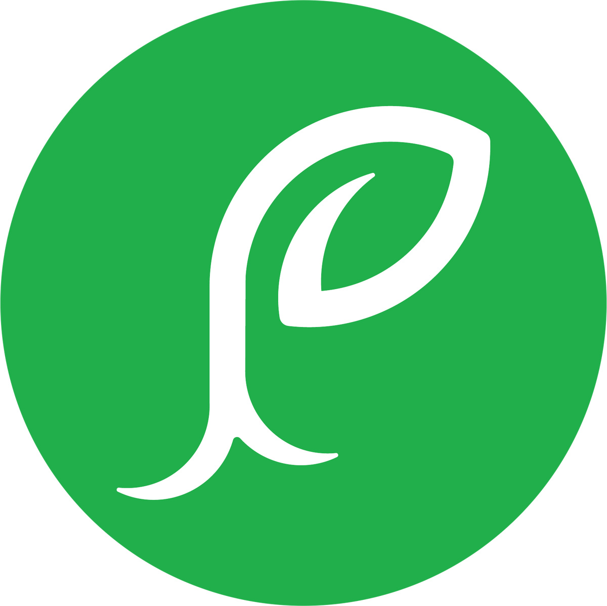 The new Plantlife mark: a white letterform growing into a leaf, inside a green circle.