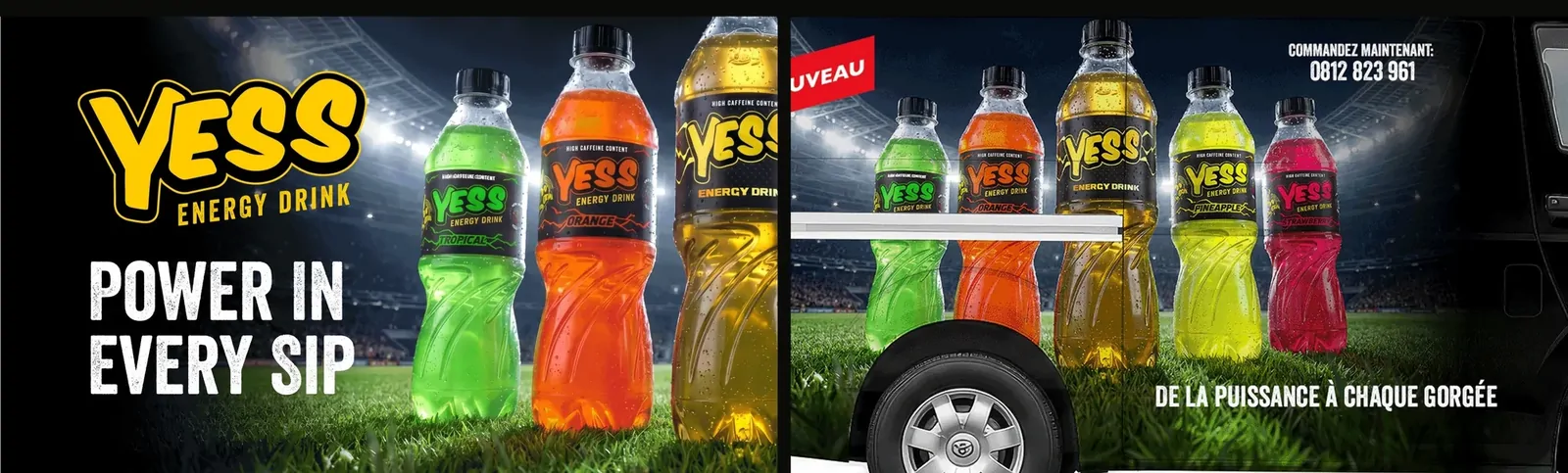The YESS campaign artwork in English, Power in every sip, and French, De la puissance à chaque gorgée.
