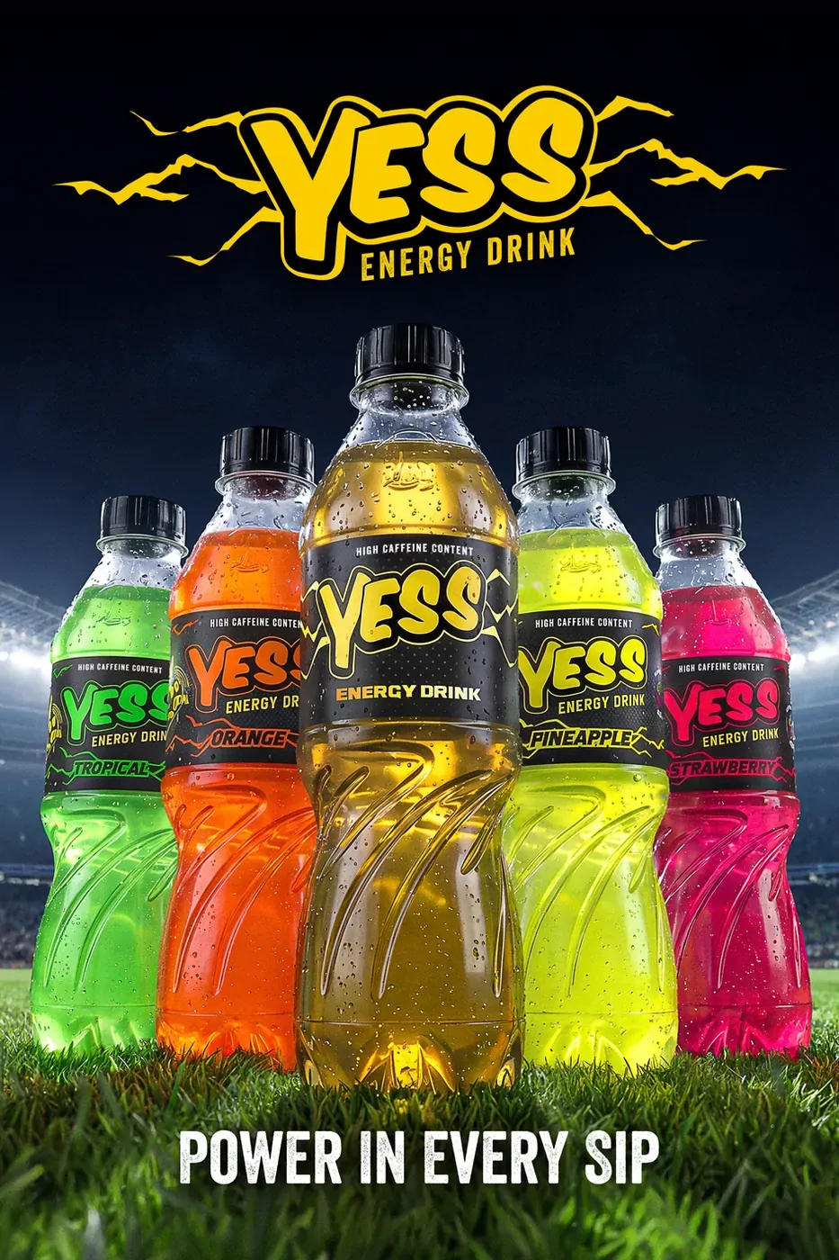 Portrait YESS billboard artwork: the logo above the five-bottle lineup and Power in every sip.