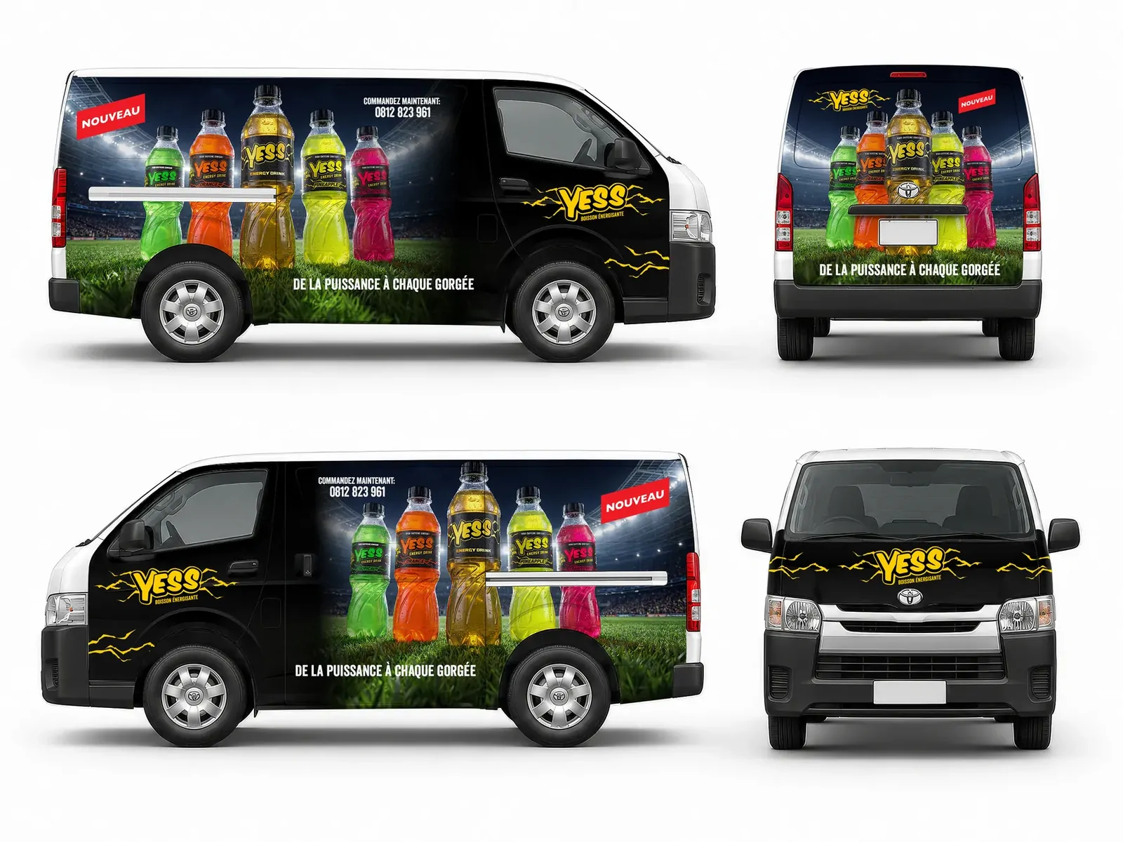 Toyota Hiace van in YESS livery, shown from the side, front and rear.