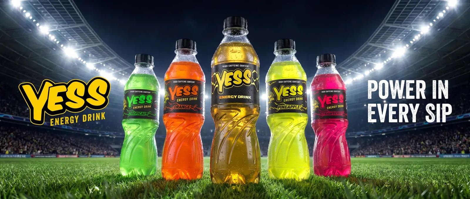 YESS master key visual: the five-bottle lineup on a stadium pitch beside the YESS logo and Power in every sip.
