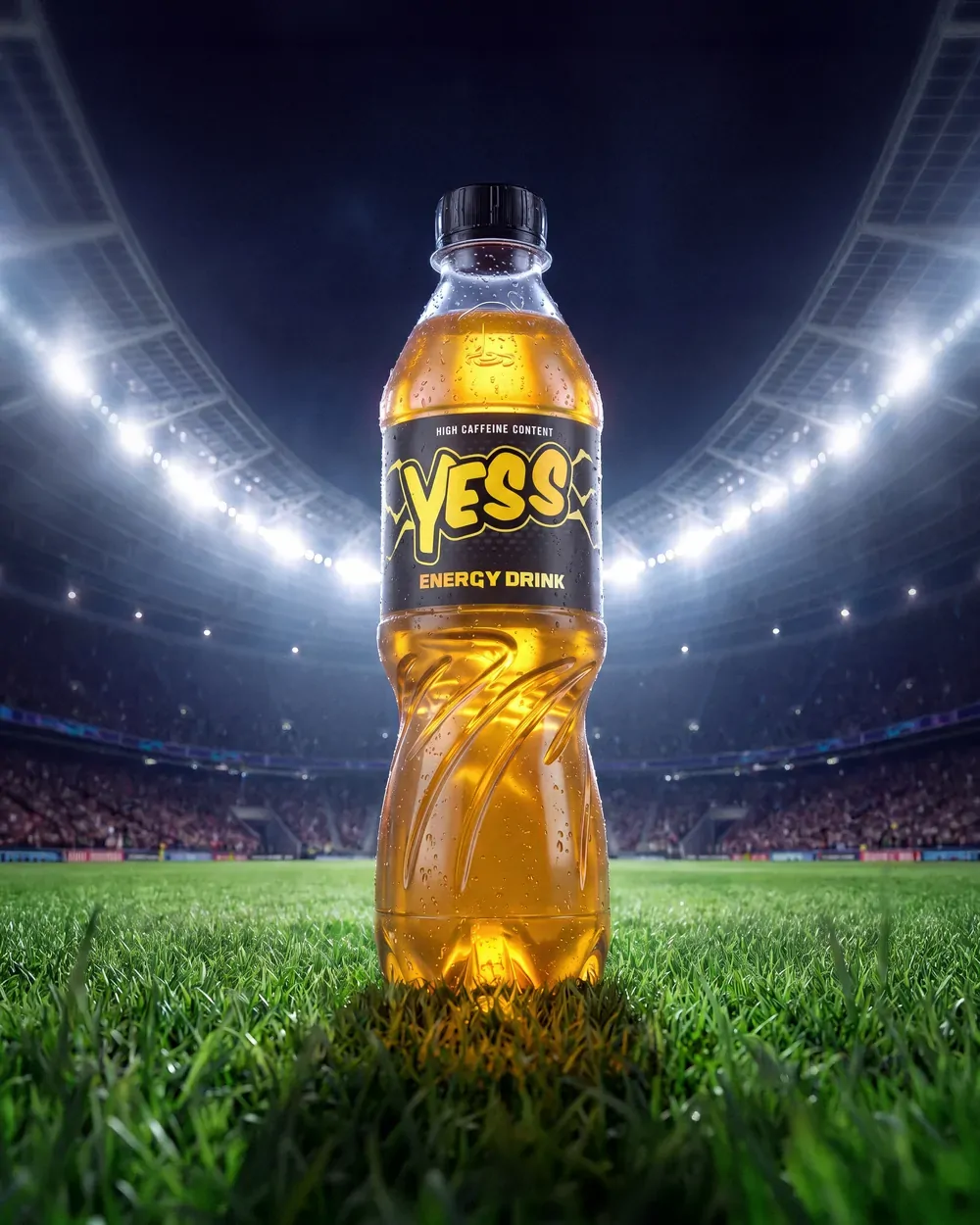 A YESS Original bottle on a floodlit stadium pitch.